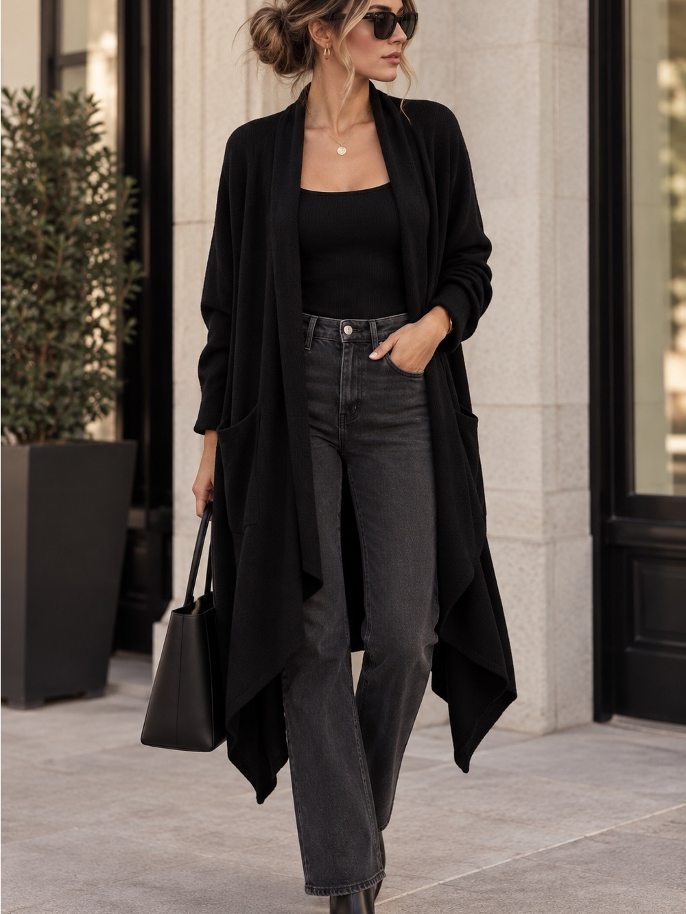 Zara Knit Black Longline Waterfall Cardigan Size M Draped Open Front Sweate